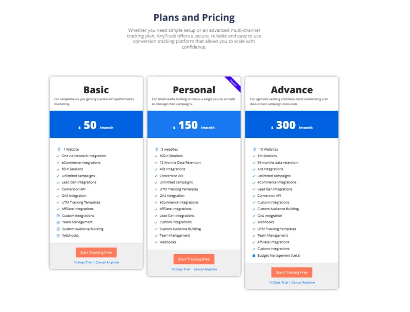 AnyTrack Pricing Plans