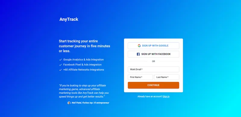 Sign up AnyTrack