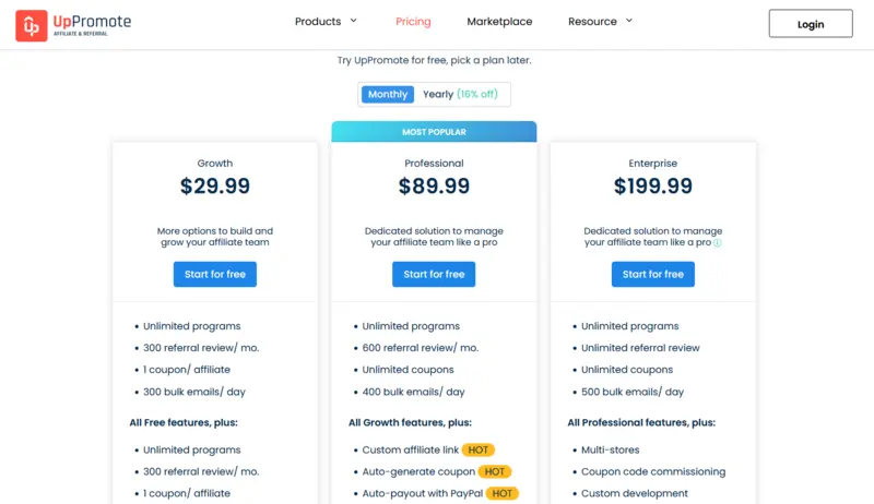 UpPromote Pricing Plans